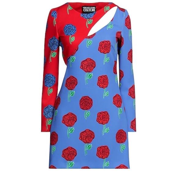 Versace Jeans Couture Womens Blue Printed Rose Cocktail and Party Dress - Picture 1 of 10